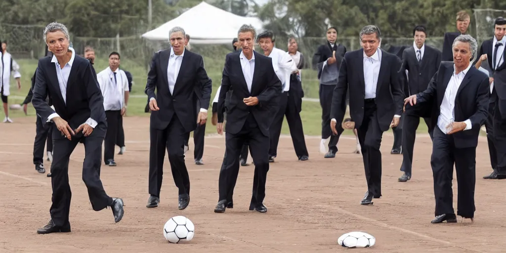 Prompt: Mauricio Macri playing football with judges in robes