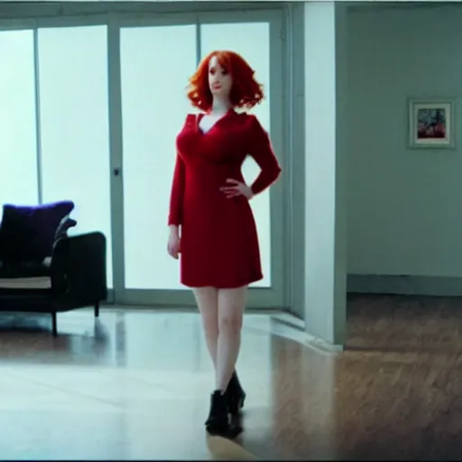 Image similar to a very surprised looking beautiful Christina Hendricks in a miniskirt in the living room, film still from the movie directed by Denis Villeneuve , wide lens