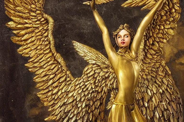 Prompt: a surreal angel with gilded wings and gold accents by Stephan Duquesnoy,