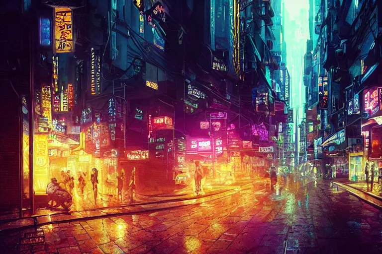 Image similar to bustling neon cyberpunk street, nighttime!!, illustrated by ricardo bofill, greg rutkowski, and amano yoshitaka, trending on artstation, golden ratio!!!, centered!!!, unsplash!!!!, cgsociety contest winner, zbrush!!!, 4 k, 8 k