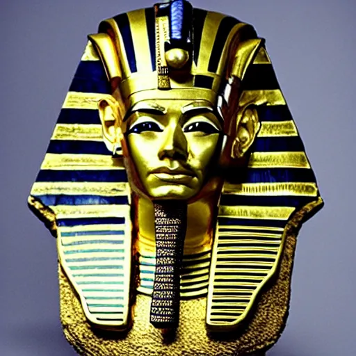 Image similar to anient, golden egyptian pharaoh death mask of walter white, in the style of king tut