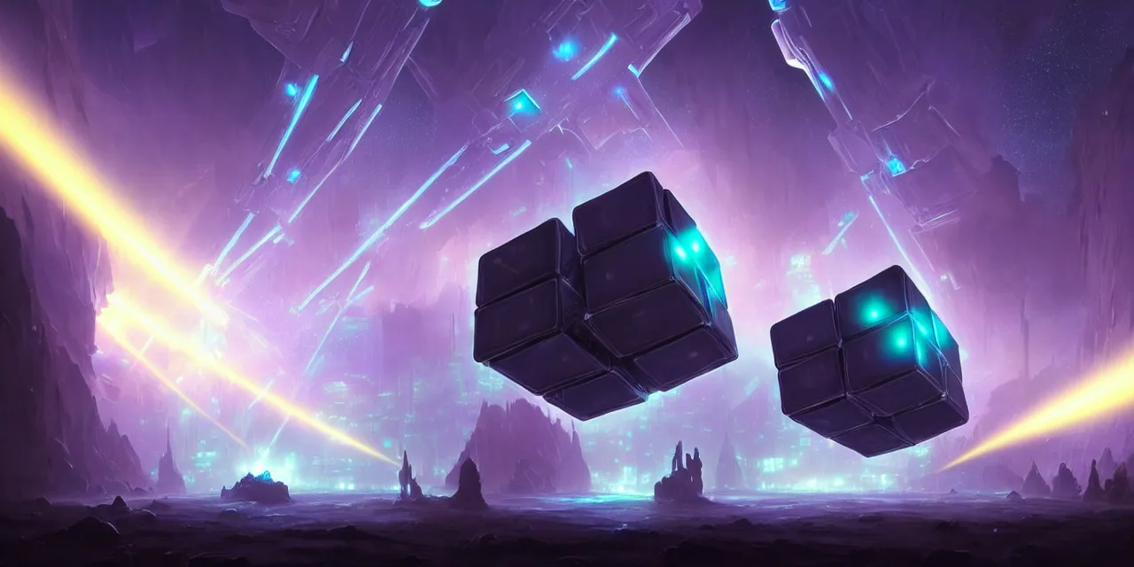 Image similar to a fleet of giant glowing futuristic cubes tied to each other with lots of glowing chains in the sky, thick glowing chains, light rays bouncing between cubes, a fantasy magical landscape seen in the distance, atmospheric lighting, intricate, volumetric lighting, beautiful, sharp focus, ultra detailed, in the art style of marc simonetti, bowater charlie and brom gerald, astrophotography