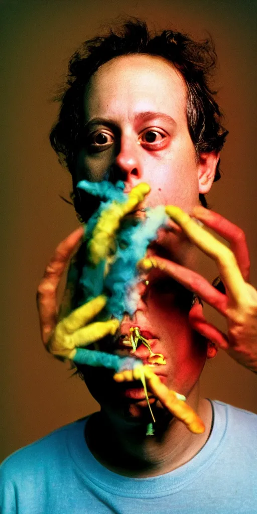 Image similar to award winning photo of todd solondz smoking weed, vivid colors, happy, symmetrical face, beautiful eyes, studio lighting, wide shot art by Sally Mann & Arnold Newman