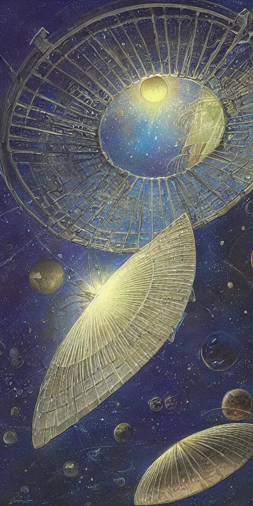 Image similar to a giant beautiful diatom hanging inside a space station, fantasy art by John Howe