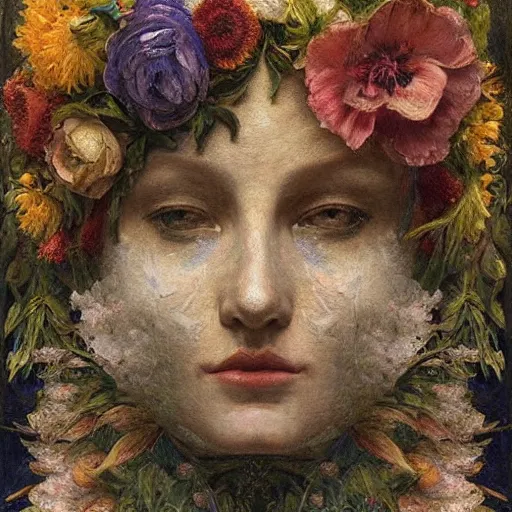 Image similar to masterpiece painting of a facemask made of flowers, by annie swynnerton and jean delville and tino rodriguez, flower mask, symbolist, dramatic lighting, god rays, elaborate geometric ornament, clean crisp graphics, soft cool colors, smooth, sharp focus, extremely detailed