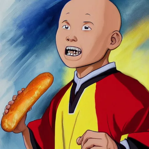 Prompt: a painting portrait of last airbender in an arsenal jersey eating a hot dog,