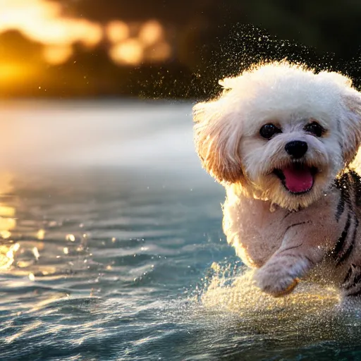 Image similar to a closeup photorealistic photograph of a cute smiling tiger bichon puppy splashing in the surf during sunset. professional capture, well lit shot. this 4 k hd image is trending on artstation, featured on behance, well - rendered, extra crisp, features intricate detail, epic composition and the style of unreal engine.