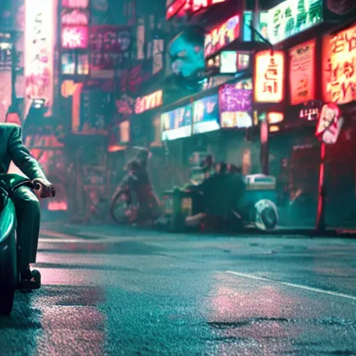 Prompt: the joker from batman riding a tricycle in a neotokyo street, cyberpunk, movie still, 4 k