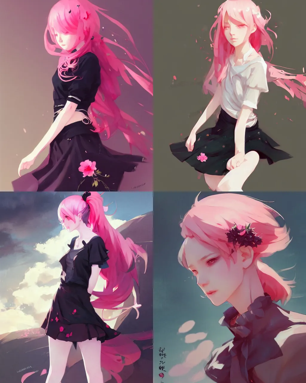 Prompt: a girl with pink hair and black skirt, flower decoration on the background, a beautiful half body illustration, top lighting, perfect shadow, reduce saturation, leaning towards watercolor, art by lerapi and krenz cushart and wenjun lin
