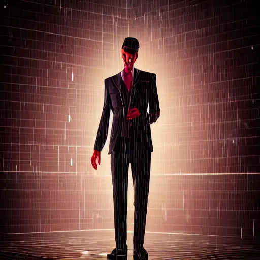 Image similar to stylish man cartoon portrait made out of rain, pinstripe suit, cyberpunk background, rendered in octane, unreal engine, highly detailed, trending on artstation, realistic, neon, beautiful, volumetric lighting, depth of field