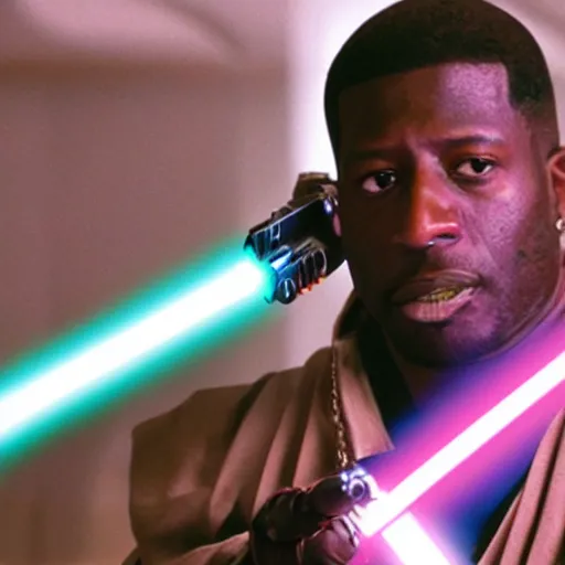 Image similar to gucci mane holding a lightsaber as mace windu in star wars episode 3, 8k resolution, full HD, cinematic lighting, award winning, anatomically correct