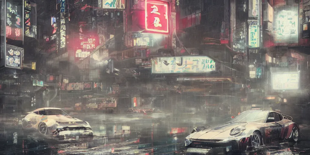 Prompt: tokyo porche 9 1 1 origami neon signs raining, cyberpunk, hyperrealistic, highly detailed, art station greg rutkowski