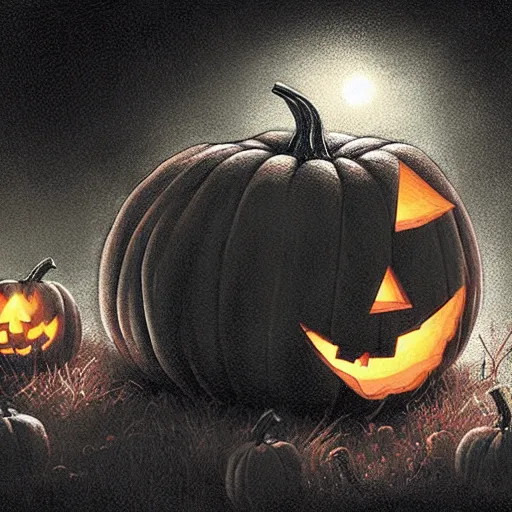 Image similar to close up of halloween pumpkin in graveyard at midnight, pencil sketch, realistic shaded, fine details, realistic shaded lighting poster by greg rutkowski