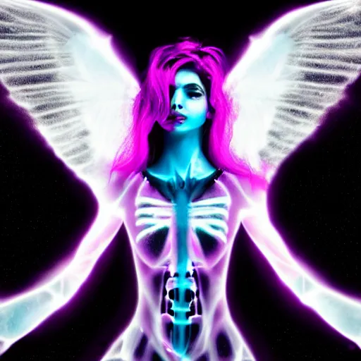 Prompt: portrait of a hyperrealistic stunning xray angel, beautiful face, colorful lightning cinematic, gothic face