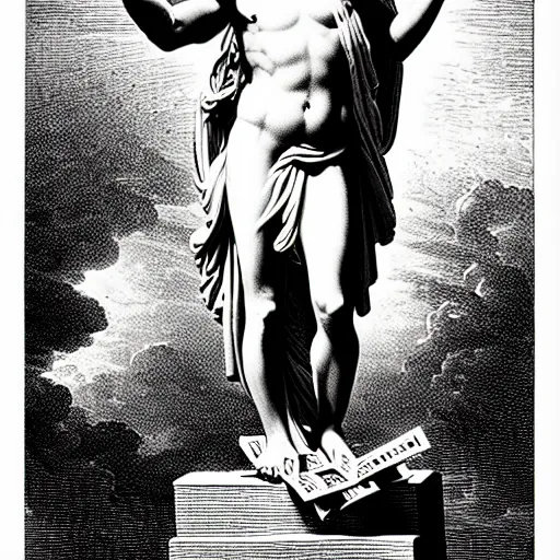 Image similar to greek statue ascending into heaven holding stacks of cash, biblical image, style of gustave dore, highly detailed, beautiful, high contrast, black and white