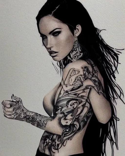 Prompt: creative double exposure effect tattoo design sketch of megan fox blended with beautiful mountains, realism tattoo, in the style of matteo pasqualin, amazing detail, sharp