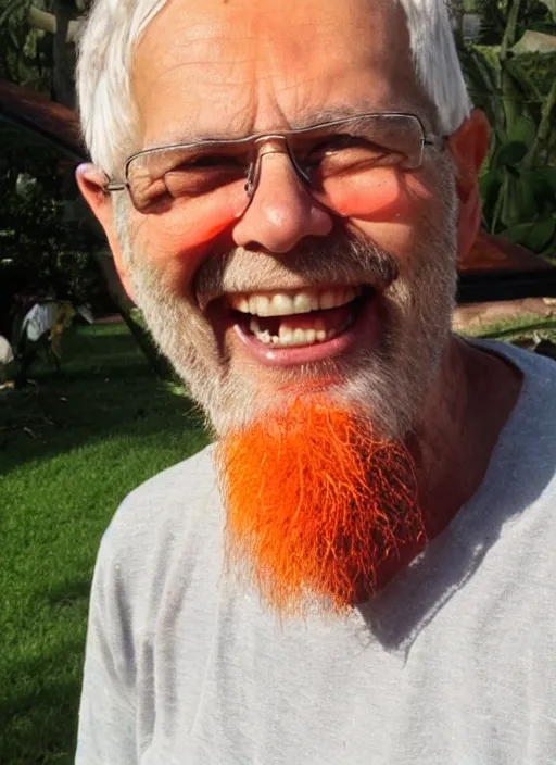 Prompt: a color photograph of a thin older man with short white hair, wearing an orange T shirt, a brown baseball cap with a bee on it, black eyeglasses, a wry smile on his face, beard stubble