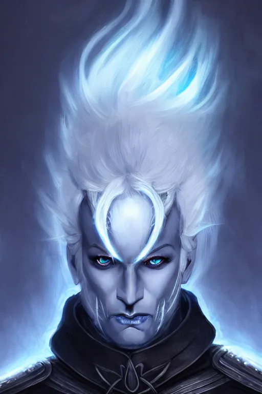 Prompt: male drow with white hair in a pony tail and a goatee and glowing blue eyes wearing black leather armor, fantasy, intricate, elegant, highly detailed, digital painting, artstation, concept art, matte, sharp focus, illustration, art by aenaluck, epic fantasy, moody, dark mood, digital painting