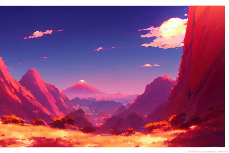 Prompt: red lush mountainscape, with two suns in the sky, two sunsets, by makoto shinkai an krenz cushart