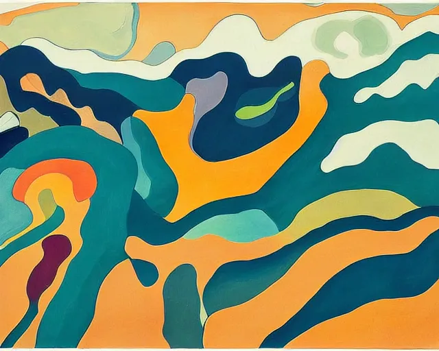 Image similar to A wild, insane, modernist landscape painting. Wild energy patterns rippling in all directions. Curves, organic, zig-zags. Saturated color. Mountains. Clouds. Rushing water. Wayne Thiebaud. Charles Burchfield.