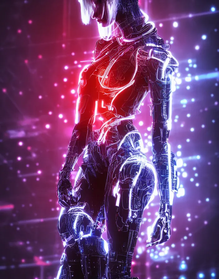 Prompt: full body portrait photo of japanese model cyborg with digital led skin, neon lighting, techno neon projector background, portrait photo, intricate details, ultra realistic, unreal engine 5, depth of field, bokeh, octane render, tron, irobot, bladerunner 8 k hd