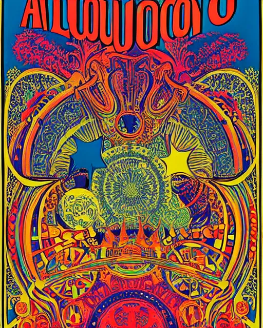 Prompt: avalon ballroom poster art by victor moscoso