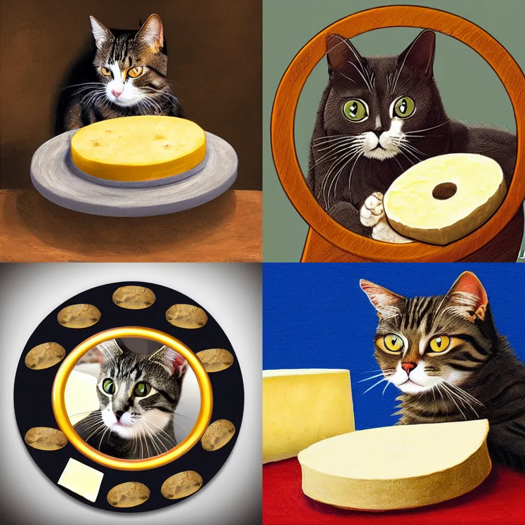 Prompt: picture of a cat on a wheel of cheese, photorealistic, highly detailed