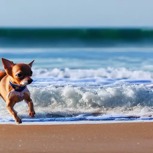 Image similar to a chihuahua running through the surf on the beach