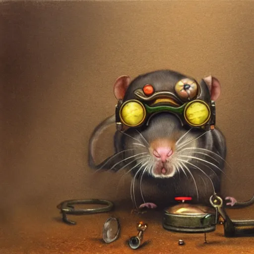 Image similar to a rat with steampunk googles, by Dan Witz