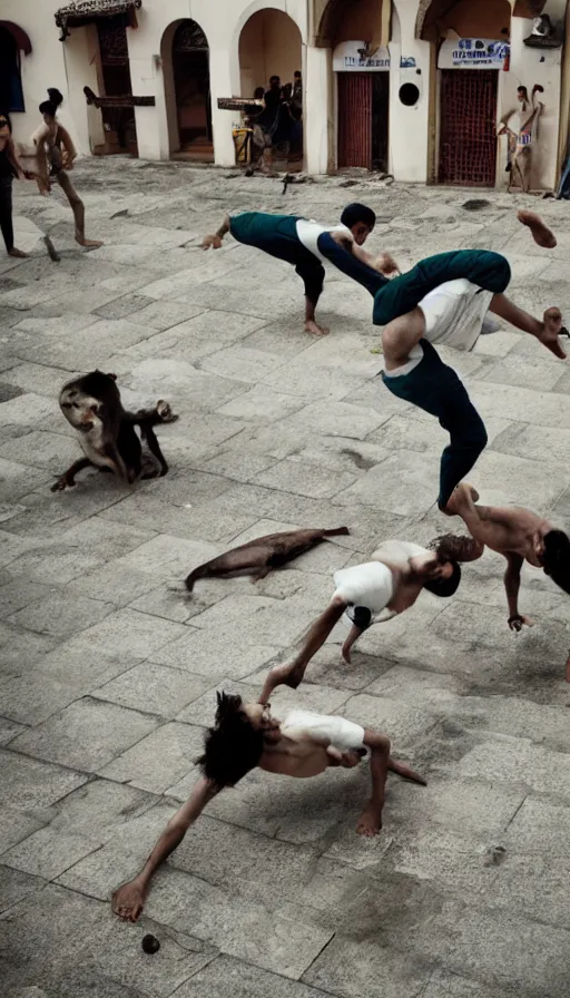 Image similar to wild animals playing capoeira in figueres city, national geographic photograph,