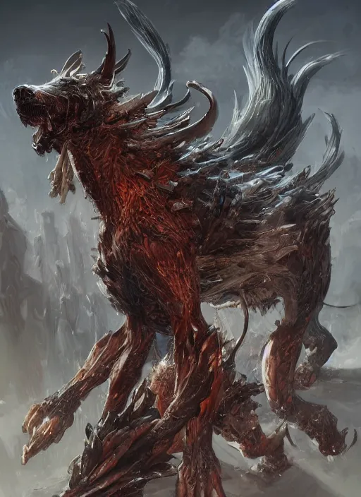 Image similar to high intricate muscle hellhounds, maria panfilova, andrea savchenko, mike kime, ludovic plouffe, qi sheng luo, oliver cook, makoto shinkai, trending on artstation