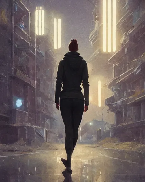 Image similar to portrait of attractive slav heroine wearing an addidas tracksuit. illuminated street lights, slav apartments in backround, by greg rutkowski and wlop, detailed, cinematic, 8 k, intricate, rule of thirds.