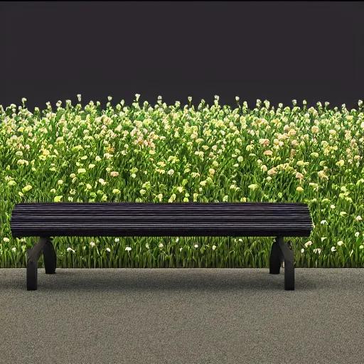 Image similar to black background, bench made of spring plants, hyperrealistic, concept art, octane render, unreal engine 5, trending on artstation, high quality, highly detailed, 8 k hdr, no lighting, path traced, black background, bloom, high coherence, symmetrical, high contrast, digital art, serene landscape, cinematic