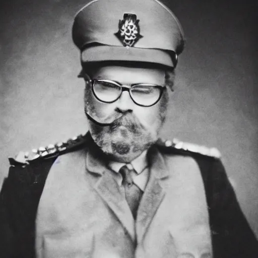 Image similar to colonel saunders as dictator, vintage photograph, old, monochrome, slightly blurry, vintage effect, grain effect