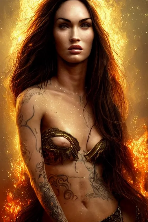 Prompt: majestic and regal portrait of a beautiful young megan fox fire goddess!!, intricate, epic, elegant, menacing, fantasy, highly detailed, digital painting, hard focus, beautiful volumetric lighting, epic light, ultra detailed, souls, smoke, by leesha hannigan, ross tran, thierry doizon, kai carpenter, ignacio fernandez rios