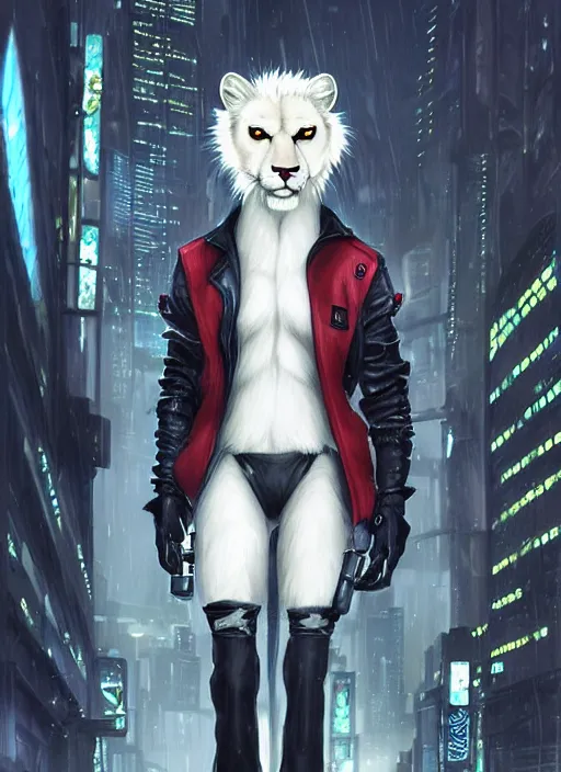 Image similar to award winning beautiful portrait commission art of a male furry anthro albino mountain lion fursona with a tail and a cute beautiful attractive detailed furry face wearing black stylish cyberpunk pants, black stylish cyberpunk boots, red cyberpunk vest in a cyberpunk city at night while it rains. Character design by charlie bowater, ross tran, artgerm, and makoto shinkai, detailed, inked, western comic book art
