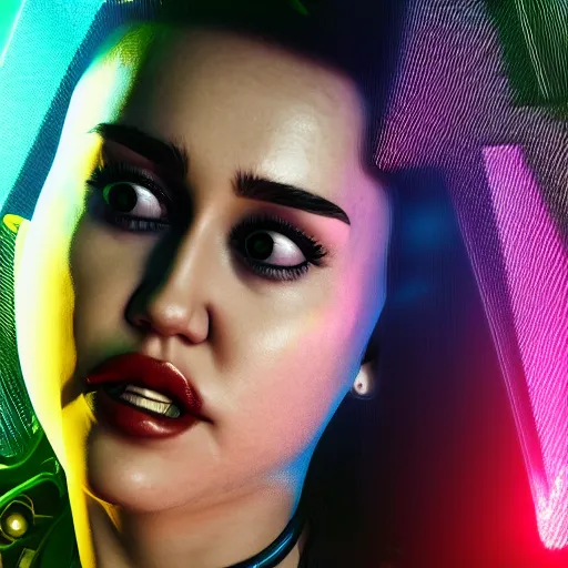 Prompt: miley cyrus portrait, Cyberpunk 2077, photorealistic, ultra detailed, cybernetic head, neon, octane, bokeh, cyber, cyber style, feature, scars, cyberface, 8k