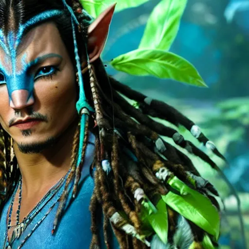 Image similar to stunning awe inspiring johnny depp as a navi from the movie avatar, movie still 8 k hdr atmospheric lighting