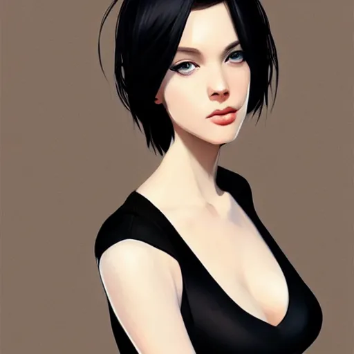 Image similar to slim girl in tuxedo with short black hair, elegant, 2d, ultra highly detailed, digital painting, smooth, sharp focus, artstation, portrait art by Ilya Kuvshinov