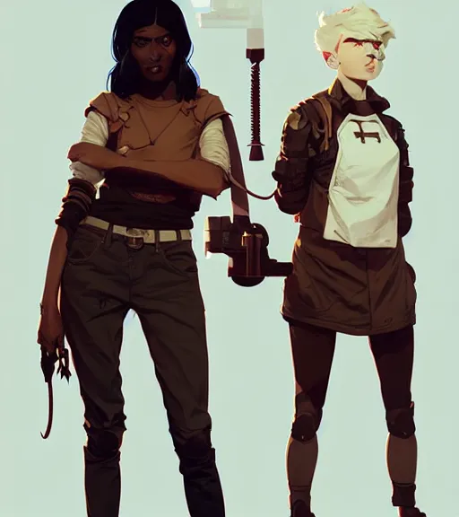 Image similar to portrait of stoic heroic blonde tomboy butch woman engineer and tall black - haired goth feminine woman standing back to back by atey ghailan, by greg rutkowski, by greg tocchini, by james gilleard, by joe fenton, by kaethe butcher, dynamic lighting, gradient light blue, brown, blonde cream and white color scheme, grunge aesthetic