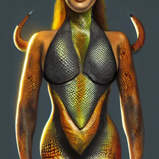 Image similar to snake human hybrid, chest up human lower half snake, black scales, bright amber eyes, chest covered in scales, scales on her chest, formless brests, flat chest, smileing nright, cinematographic shot, artstation, haahn trinh, naga