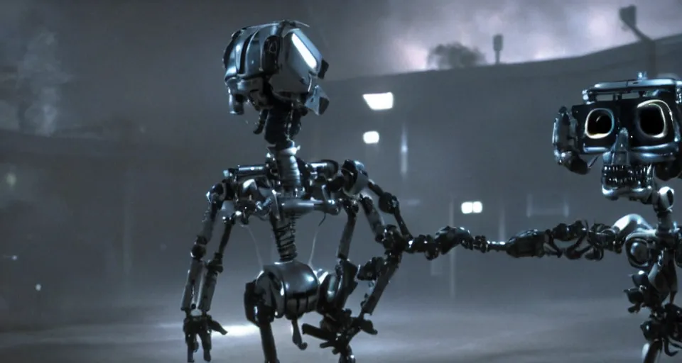 Prompt: movie still johnny 5 from short circuit vs the terminator endoskeleton, cinematic lighting, epic composition, film grain,