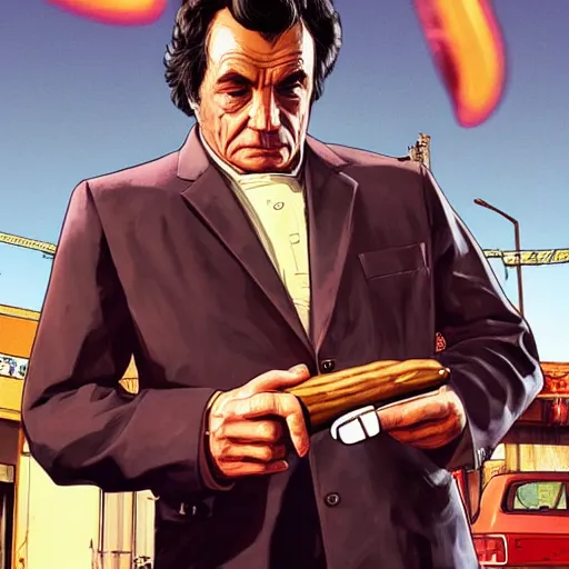 Image similar to GTAV cover art of Columbo holding a cigar