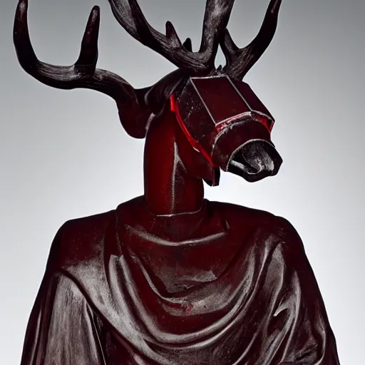 Prompt: an ominous haunting horse mask with many red eyes and twisting antlers figure wearing a black robe, ( ( ( head turned to the left ) ) ), full figure, statue