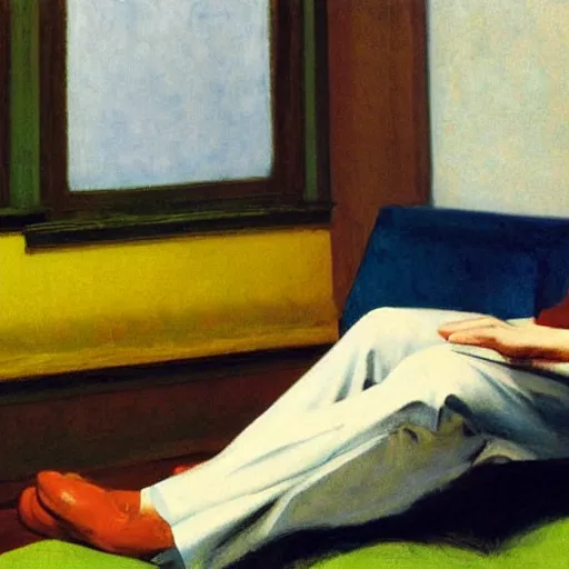 Prompt: an Sigmund freud lying on the couch in a therapy room by Edward Hopper