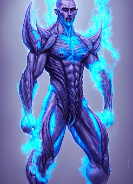 Image similar to muscular and tall blue ghostly fire humanoid dragon!!!! draconian!! intricate ornate iridescent exoesqueleton!! character concept art, sharp focus, octane render! unreal engine 5! highly rendered!! trending on artstation!! detailed linework!! illustration by artgerm, wlop, and chie yoshii