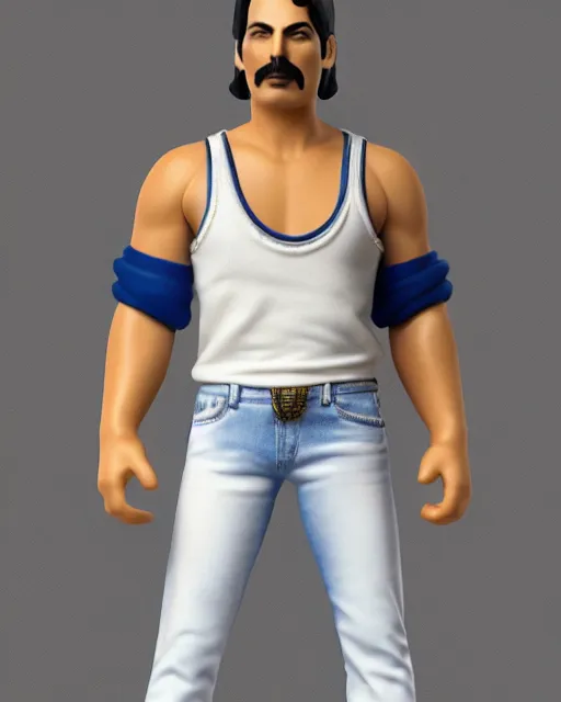 Image similar to full body 3 d render of freddie mercury, white sleeveless tank top blue jeans as a funko pop!, four, studio lighting, white background, single body, no shadow, blender, trending on artstation, 8 k, highly detailed