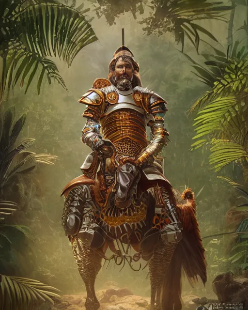 Prompt: ultra realistic illustration of a spanish conquistador wearing ornate armor in a dense foggy jungle environment by artgerm and miyazaki, octane, studio ghibli color scheme, intricate, portrait, anatomy, artstation, cinematic lighting, sharp focus, portrait, concept art, game art