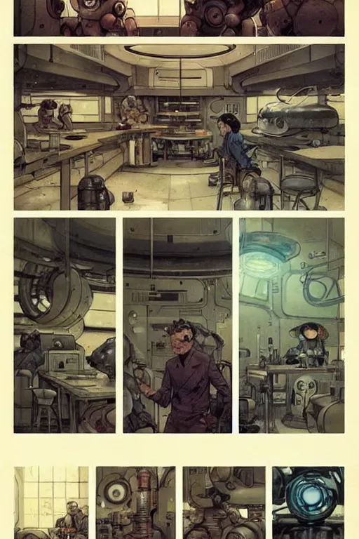 Image similar to comic book circles page layout ( ( ( ( ( 1 9 5 0 s retro future robot lab interior. muted colors. ) ) ) ) ) by jean - baptiste monge!!!!!!!!!!!!!!!!!!!!!!!!!!!!!!