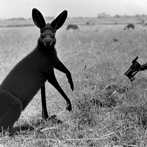 Image similar to photograph of a black Kangaroo spying in a dense, military animal, machine gun